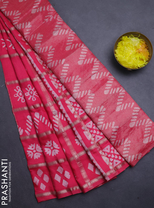 Semi chanderi saree peach pink with allover zari checks & batik prints in borderless style