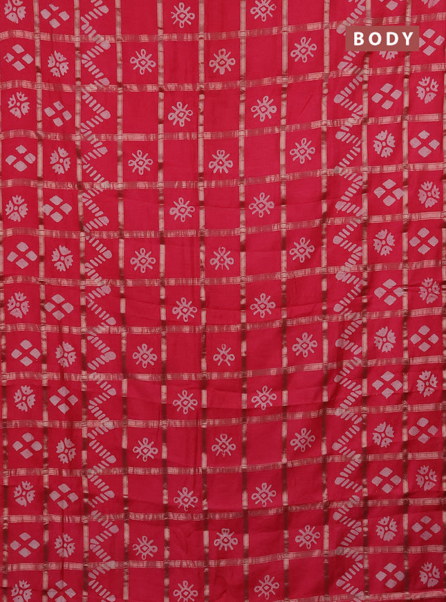 Semi chanderi saree peach pink with allover zari checks & batik prints in borderless style