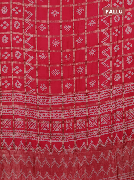 Semi chanderi saree peach pink with allover zari checks & batik prints in borderless style