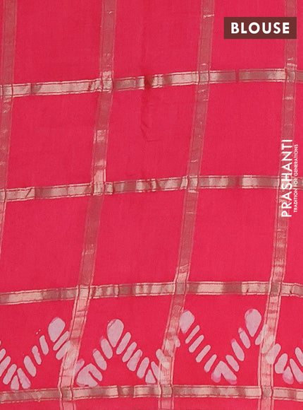 Semi chanderi saree peach pink with allover zari checks & batik prints in borderless style