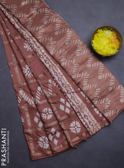 Semi chanderi saree brown with allover zari checks & batik prints in borderless style