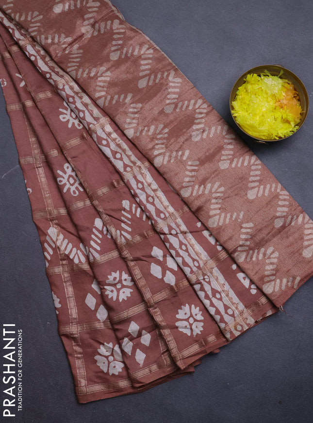 Semi chanderi saree brown with allover zari checks & batik prints in borderless style