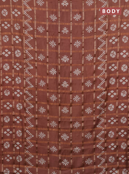 Semi chanderi saree brown with allover zari checks & batik prints in borderless style