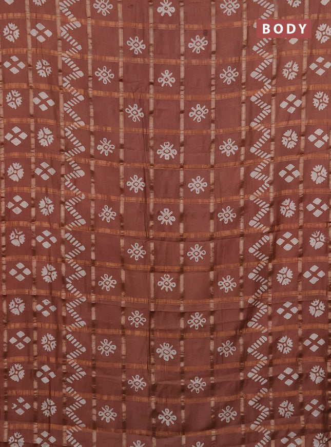Semi chanderi saree brown with allover zari checks & batik prints in borderless style