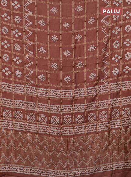 Semi chanderi saree brown with allover zari checks & batik prints in borderless style