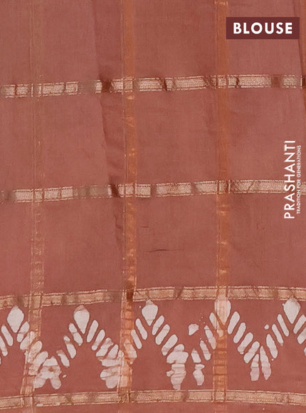 Semi chanderi saree brown with allover zari checks & batik prints in borderless style