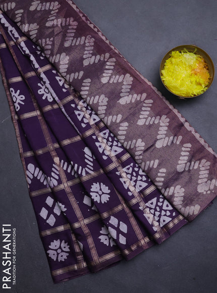 Semi chanderi saree jamun with allover zari checks & batik prints in borderless style