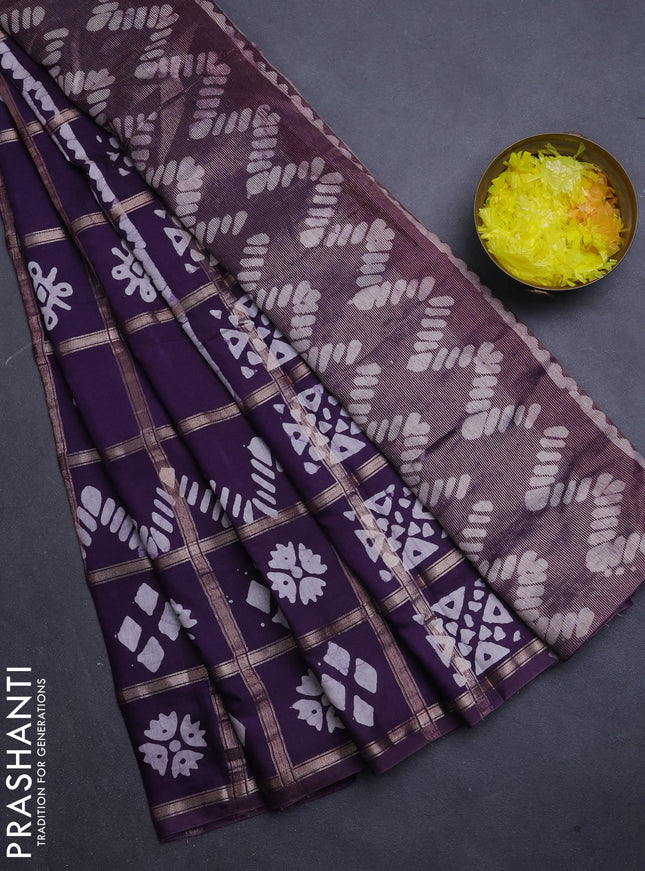 Semi chanderi saree jamun with allover zari checks & batik prints in borderless style