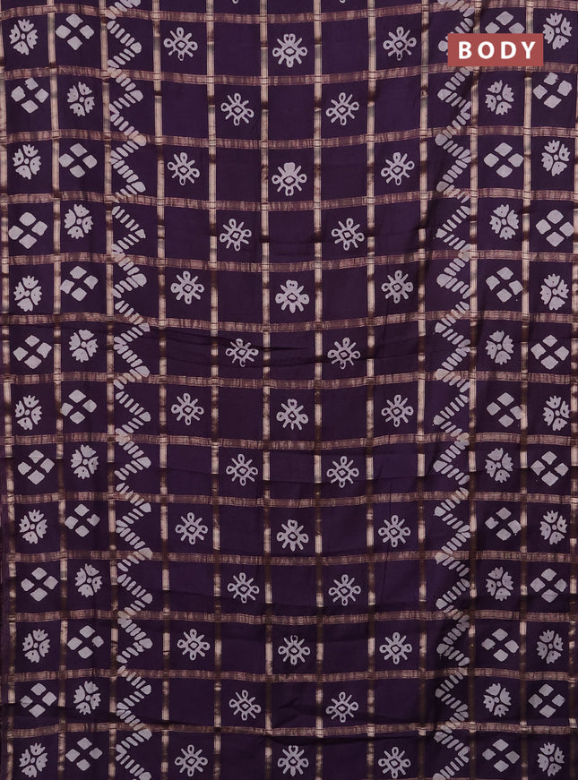 Semi chanderi saree jamun with allover zari checks & batik prints in borderless style
