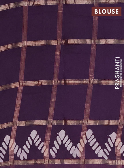 Semi chanderi saree jamun with allover zari checks & batik prints in borderless style