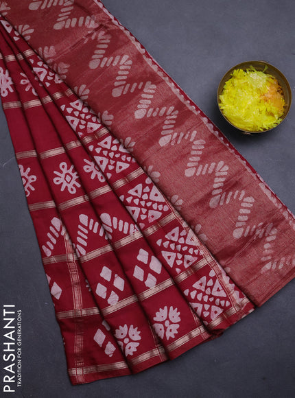 Semi chanderi saree maroon with allover zari checks & batik prints in borderless style