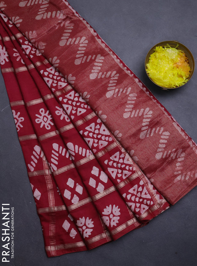 Semi chanderi saree maroon with allover zari checks & batik prints in borderless style