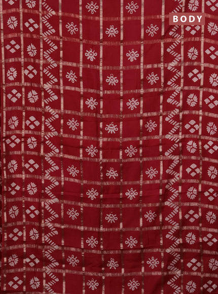 Semi chanderi saree maroon with allover zari checks & batik prints in borderless style