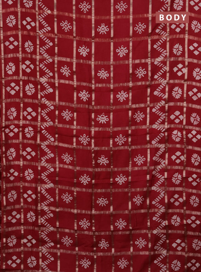 Semi chanderi saree maroon with allover zari checks & batik prints in borderless style