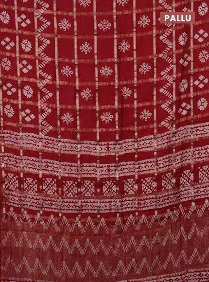 Semi chanderi saree maroon with allover zari checks & batik prints in borderless style