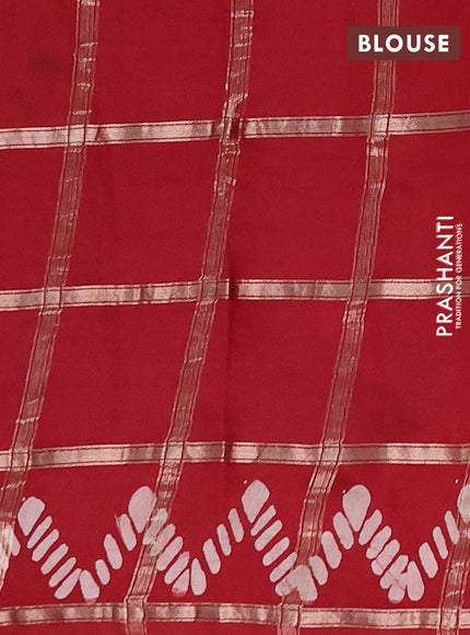 Semi chanderi saree maroon with allover zari checks & batik prints in borderless style