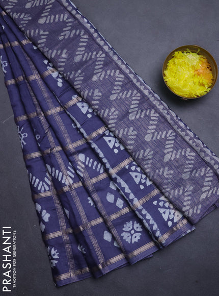 Semi chanderi saree grey shade with allover zari checks & batik prints in borderless style