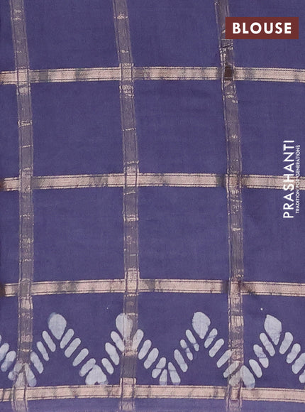 Semi chanderi saree grey shade with allover zari checks & batik prints in borderless style