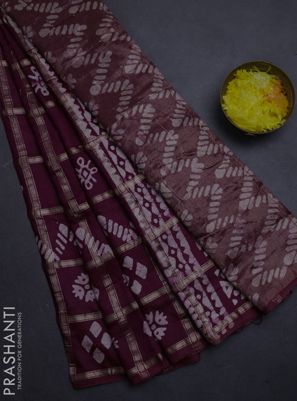 Semi chanderi saree wine with allover zari checks & batik prints in borderless style
