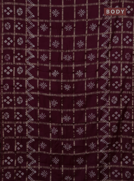 Semi chanderi saree wine with allover zari checks & batik prints in borderless style