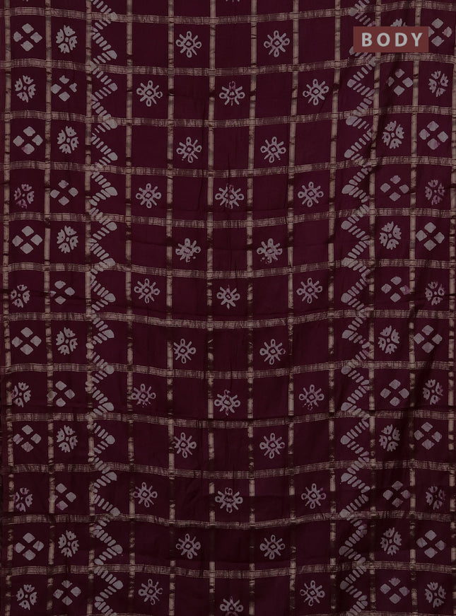 Semi chanderi saree wine with allover zari checks & batik prints in borderless style