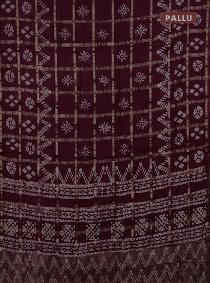 Semi chanderi saree wine with allover zari checks & batik prints in borderless style