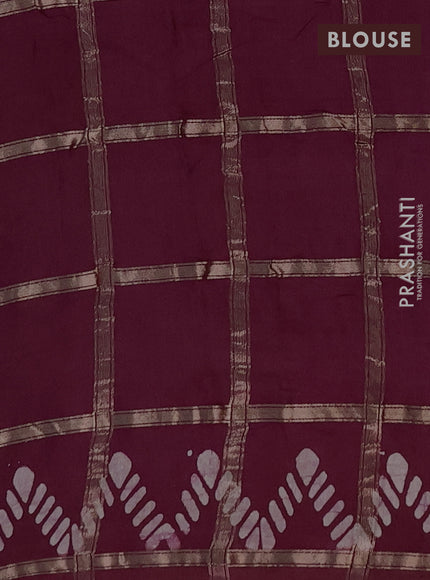 Semi chanderi saree wine with allover zari checks & batik prints in borderless style