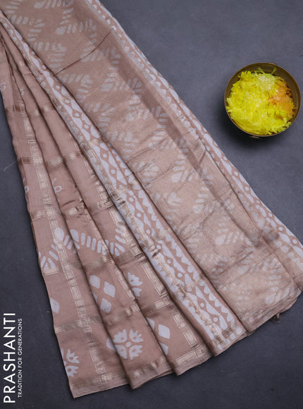 Semi chanderi saree beige with allover zari checks & batik prints in borderless style