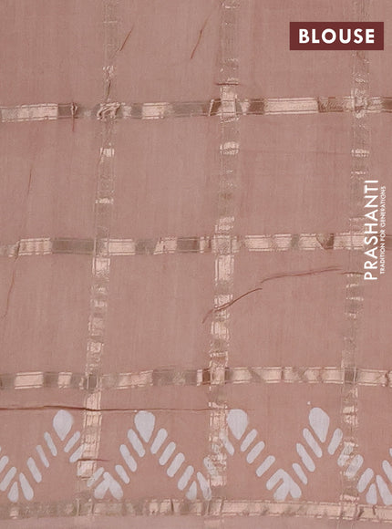 Semi chanderi saree beige with allover zari checks & batik prints in borderless style