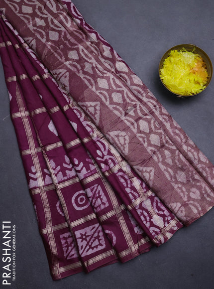 Semi chanderi saree wine with allover zari checks & batik prints in borderless style