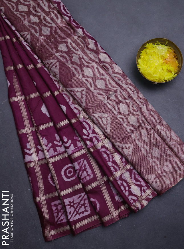 Semi chanderi saree wine with allover zari checks & batik prints in borderless style