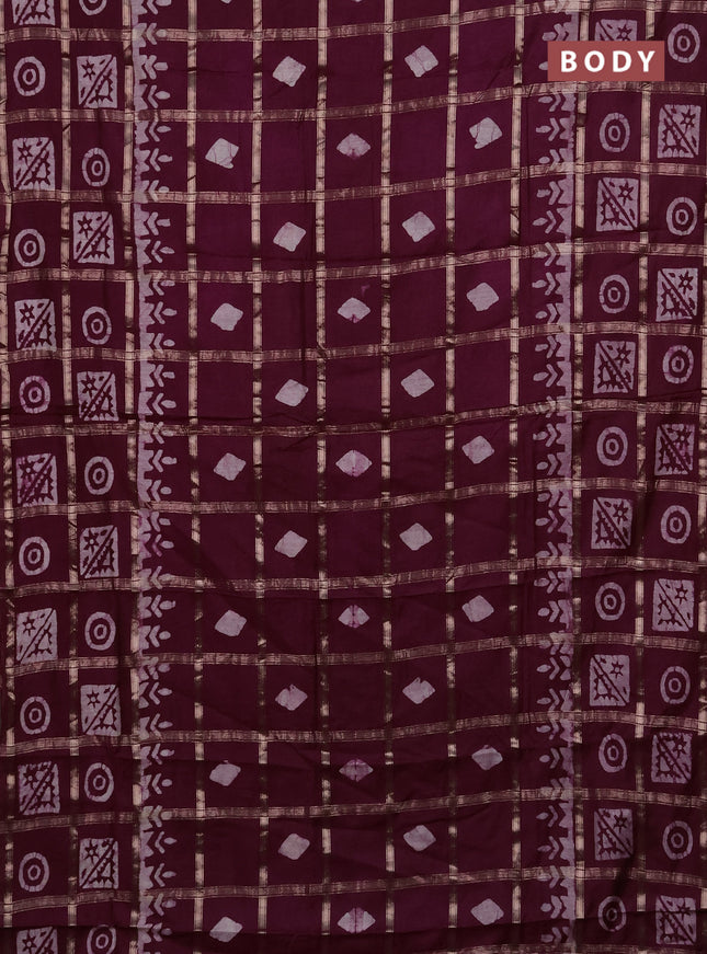 Semi chanderi saree wine with allover zari checks & batik prints in borderless style