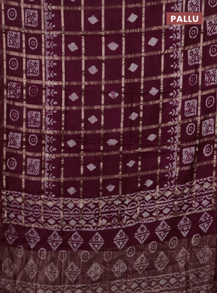Semi chanderi saree wine with allover zari checks & batik prints in borderless style