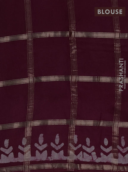 Semi chanderi saree wine with allover zari checks & batik prints in borderless style