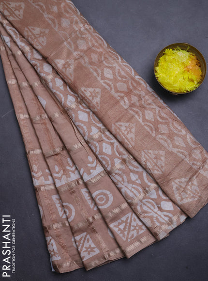Semi chanderi saree beige with allover zari checks & batik prints in borderless style