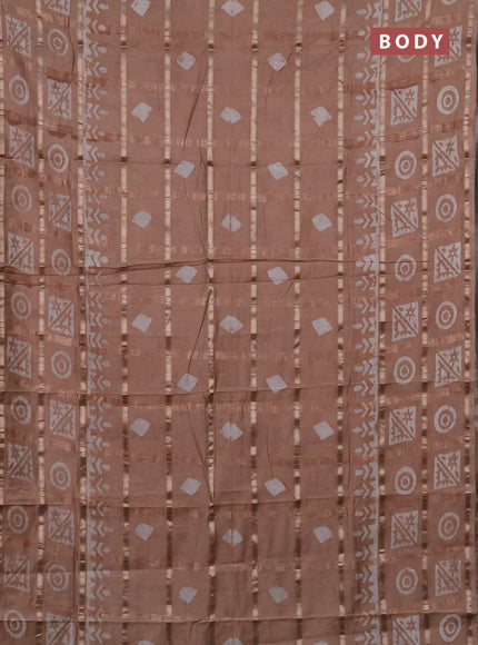 Semi chanderi saree beige with allover zari checks & batik prints in borderless style