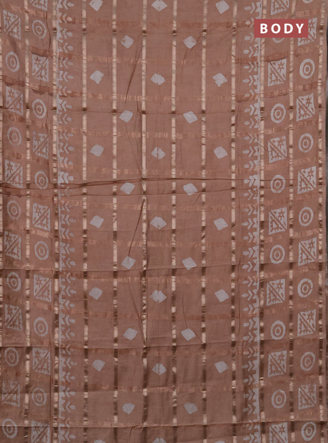 Semi chanderi saree beige with allover zari checks & batik prints in borderless style