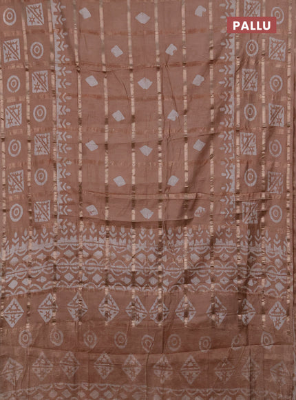 Semi chanderi saree beige with allover zari checks & batik prints in borderless style