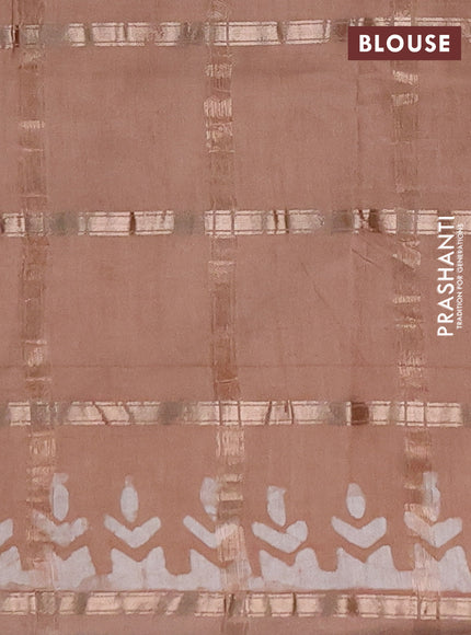 Semi chanderi saree beige with allover zari checks & batik prints in borderless style