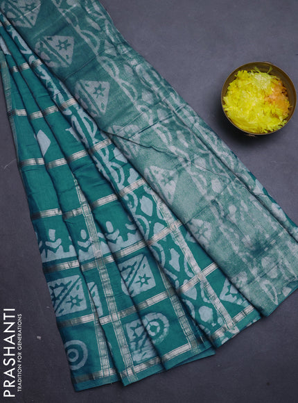 Semi chanderi saree teal green with allover zari checks & batik prints in borderless style