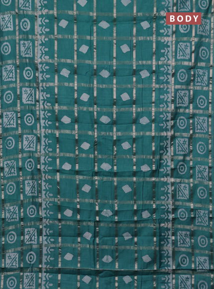 Semi chanderi saree teal green with allover zari checks & batik prints in borderless style