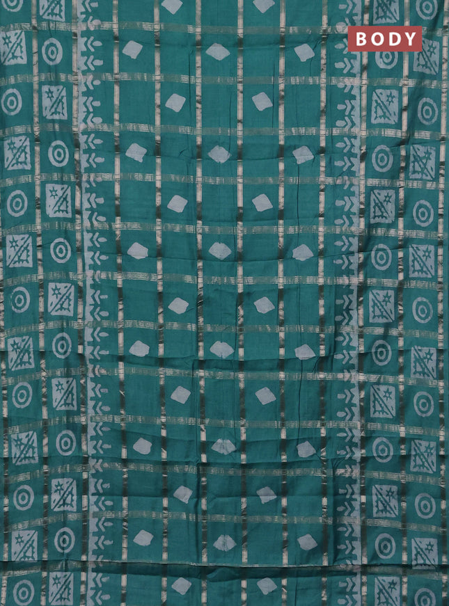Semi chanderi saree teal green with allover zari checks & batik prints in borderless style