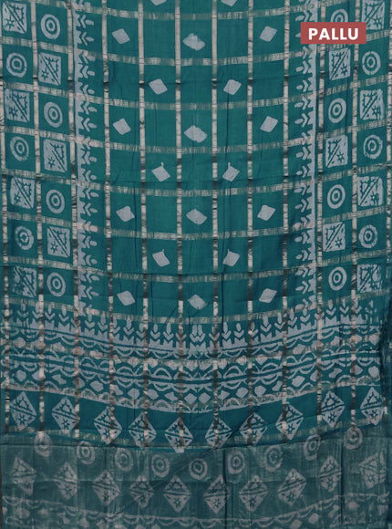 Semi chanderi saree teal green with allover zari checks & batik prints in borderless style