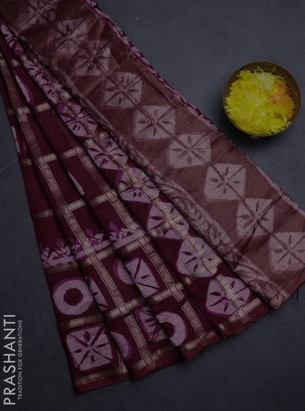 Semi chanderi saree wine with allover zari checks & batik prints in borderless style