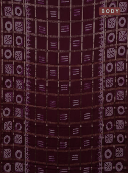 Semi chanderi saree wine with allover zari checks & batik prints in borderless style
