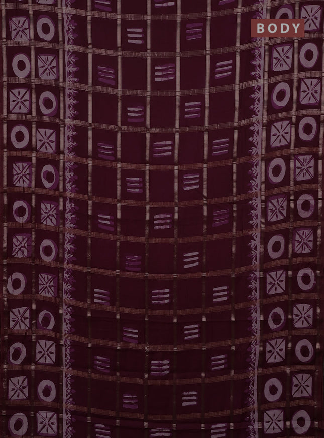 Semi chanderi saree wine with allover zari checks & batik prints in borderless style