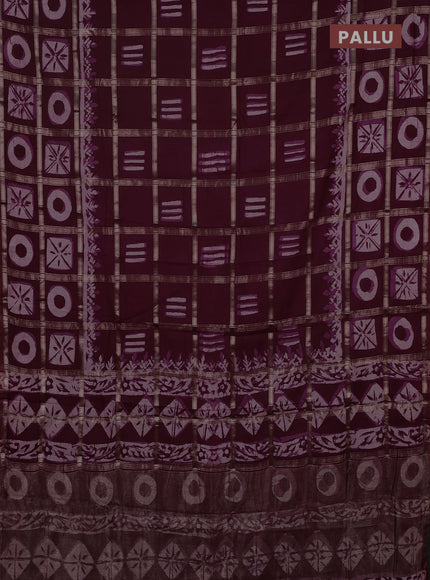 Semi chanderi saree wine with allover zari checks & batik prints in borderless style
