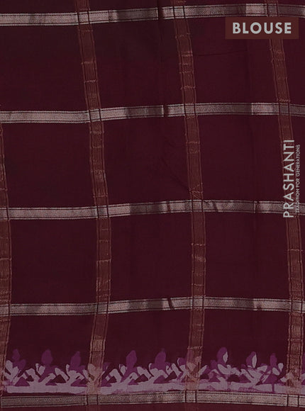 Semi chanderi saree wine with allover zari checks & batik prints in borderless style