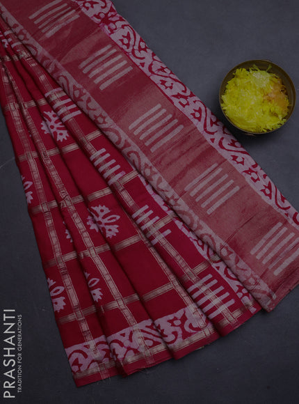 Semi chanderi saree red with allover zari checks & batik prints in borderless style