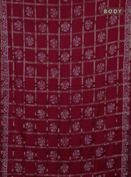 Semi chanderi saree red with allover zari checks & batik prints in borderless style